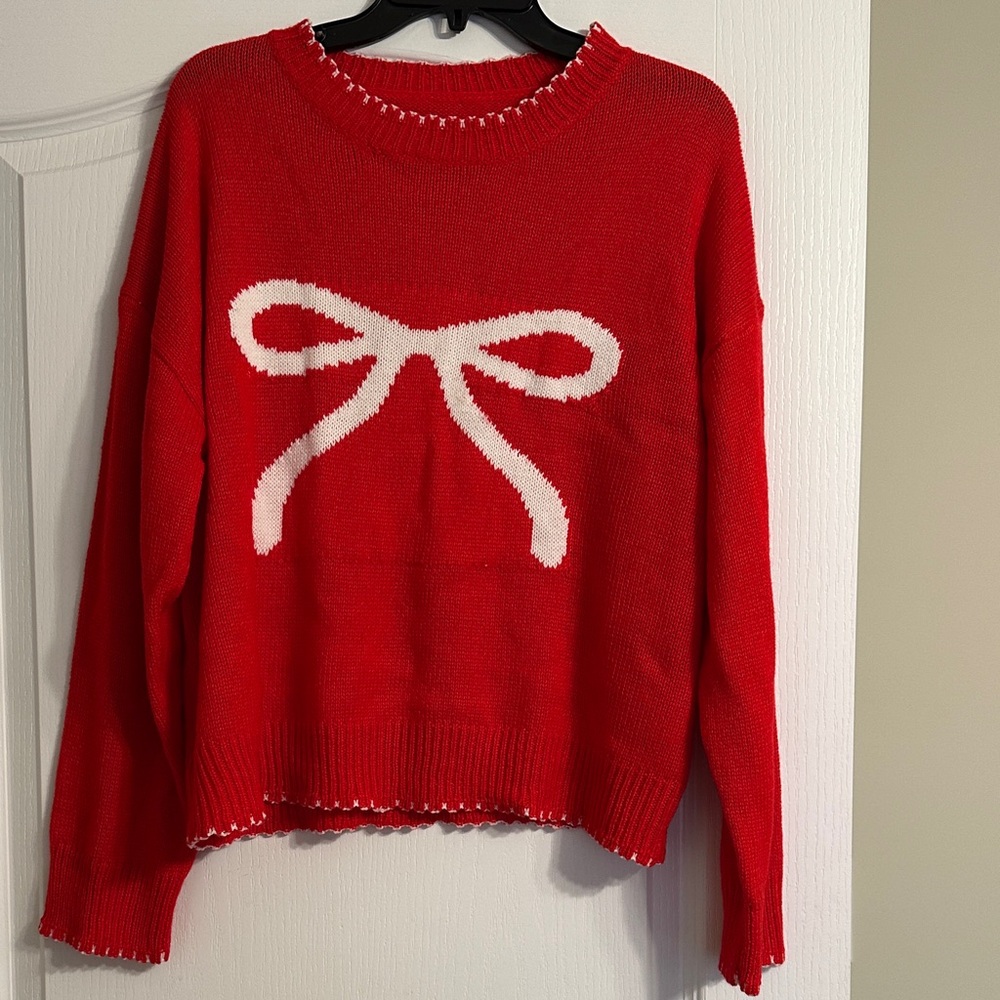 SHEIN Red Sweater with White Bow Accent